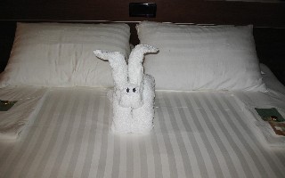 Photo of towel animal on bedding goes here.